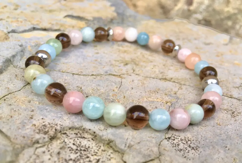 Bracelet deuil, choc émotionnel racines - Morganite, quartz fumé (Elastique, 13 cm)
