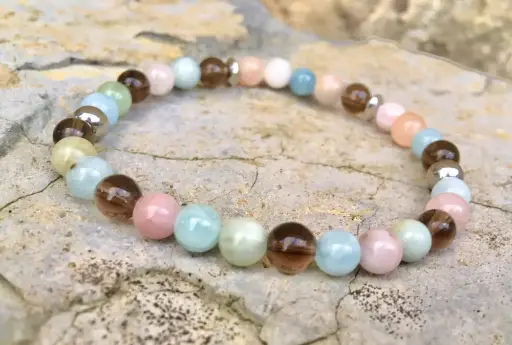 Bracelet deuil, choc émotionnel racines - Morganite, quartz fumé