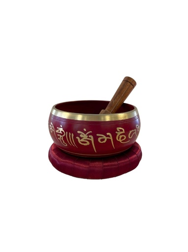 Bol chantant métal bordeau symboles dorés + support + bâton